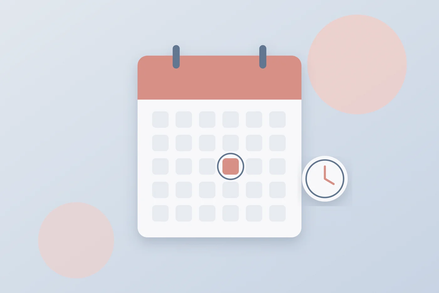 Ilustración de un calendario con una fecha marcada y un reloj