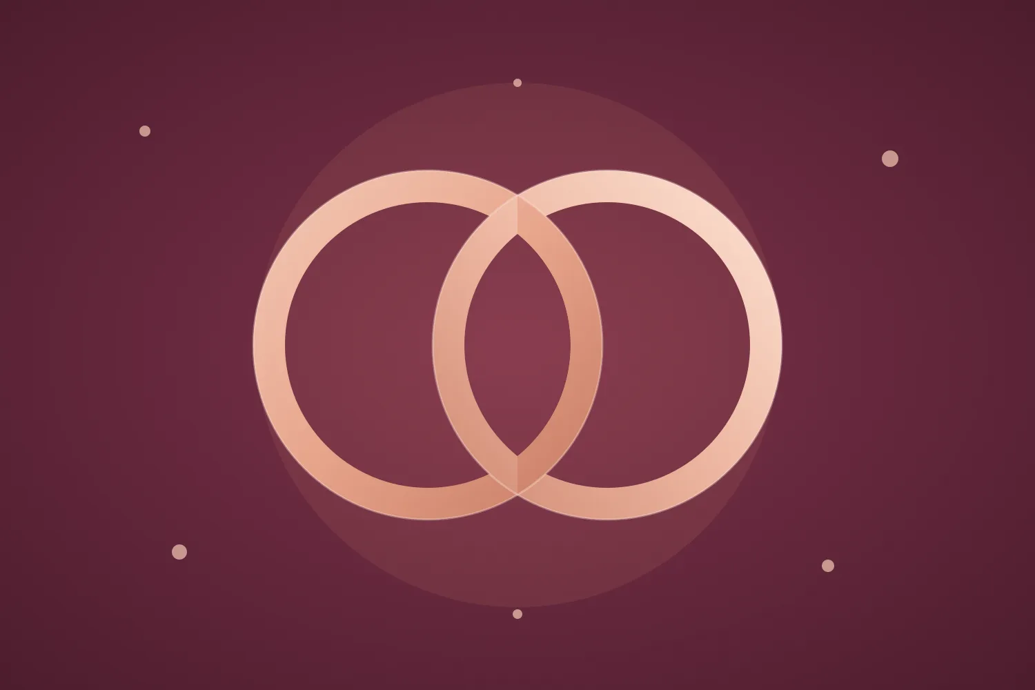 Ilustración de dos anillos entrelazados en oro rosa sobre fondo burdeos
