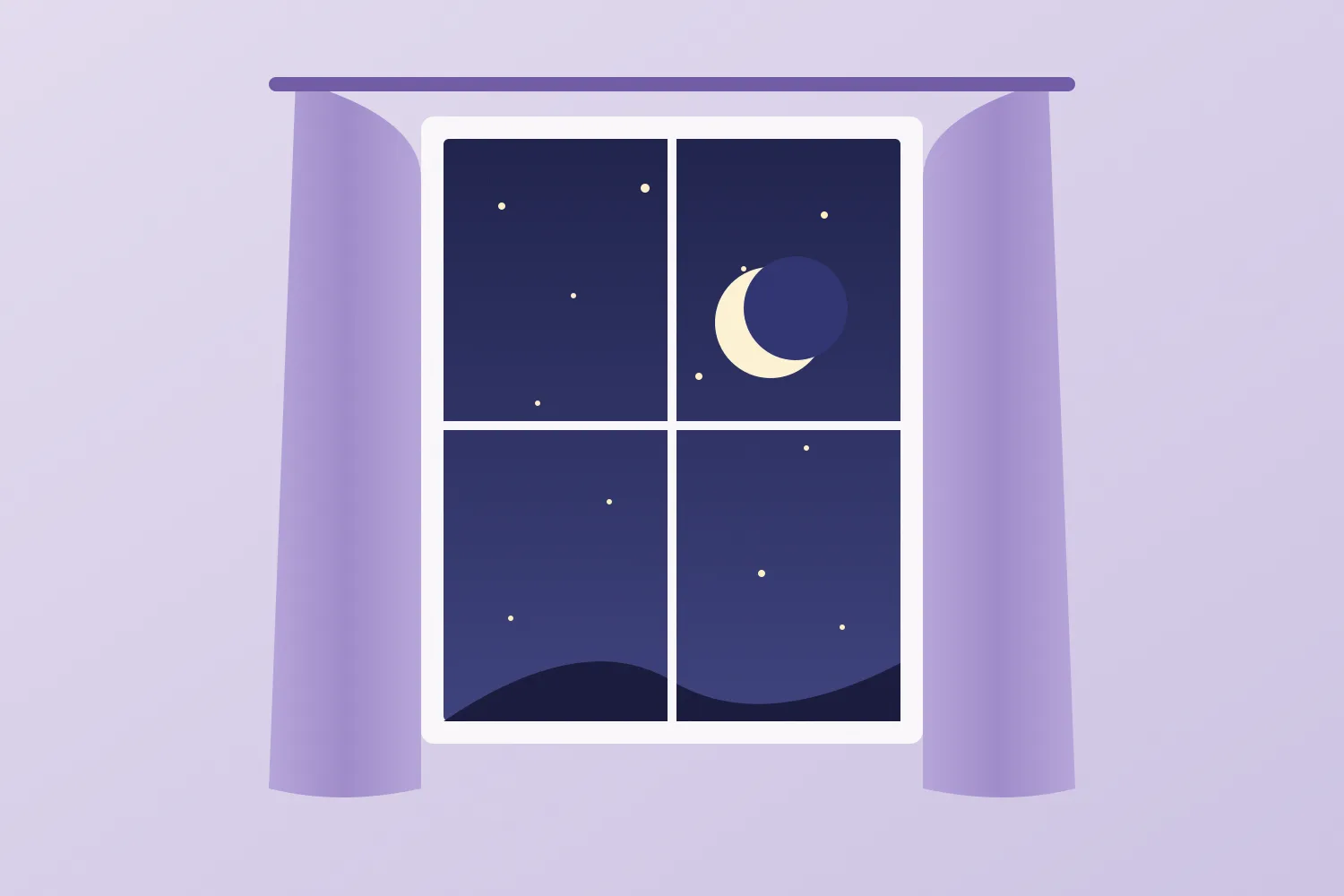 Ilustración de una ventana nocturna con estrellas y cortinas lilas sobre fondo índigo