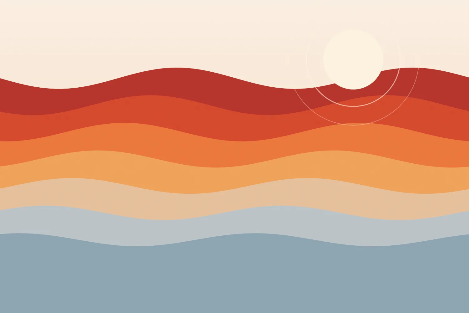 Ilustración de bandas onduladas que pasan del rojo intenso al azul grisáceo sobre fondo crema
