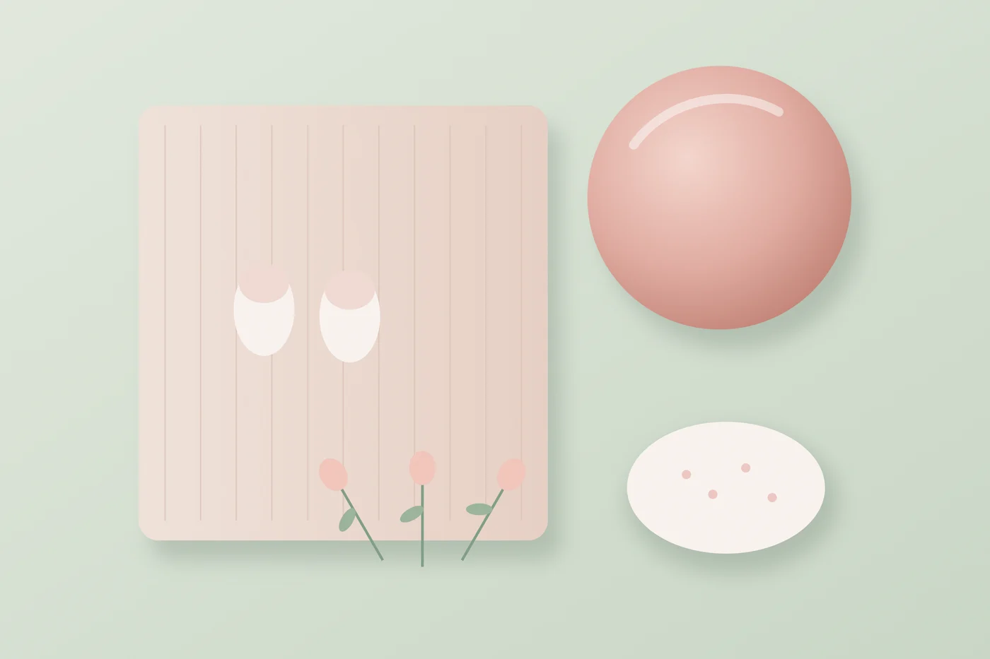 Ilustración de un fitball, una esterilla enrollada y una mantita de bebé, en tonos rosa y verde