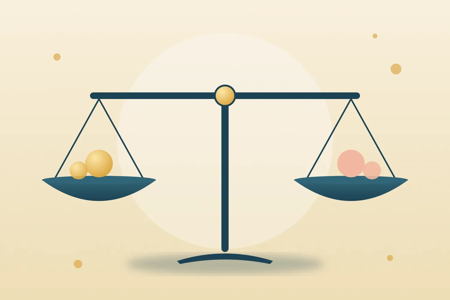 Ilustración de una balanza equilibrada en azul petróleo y mostaza sobre fondo crema
