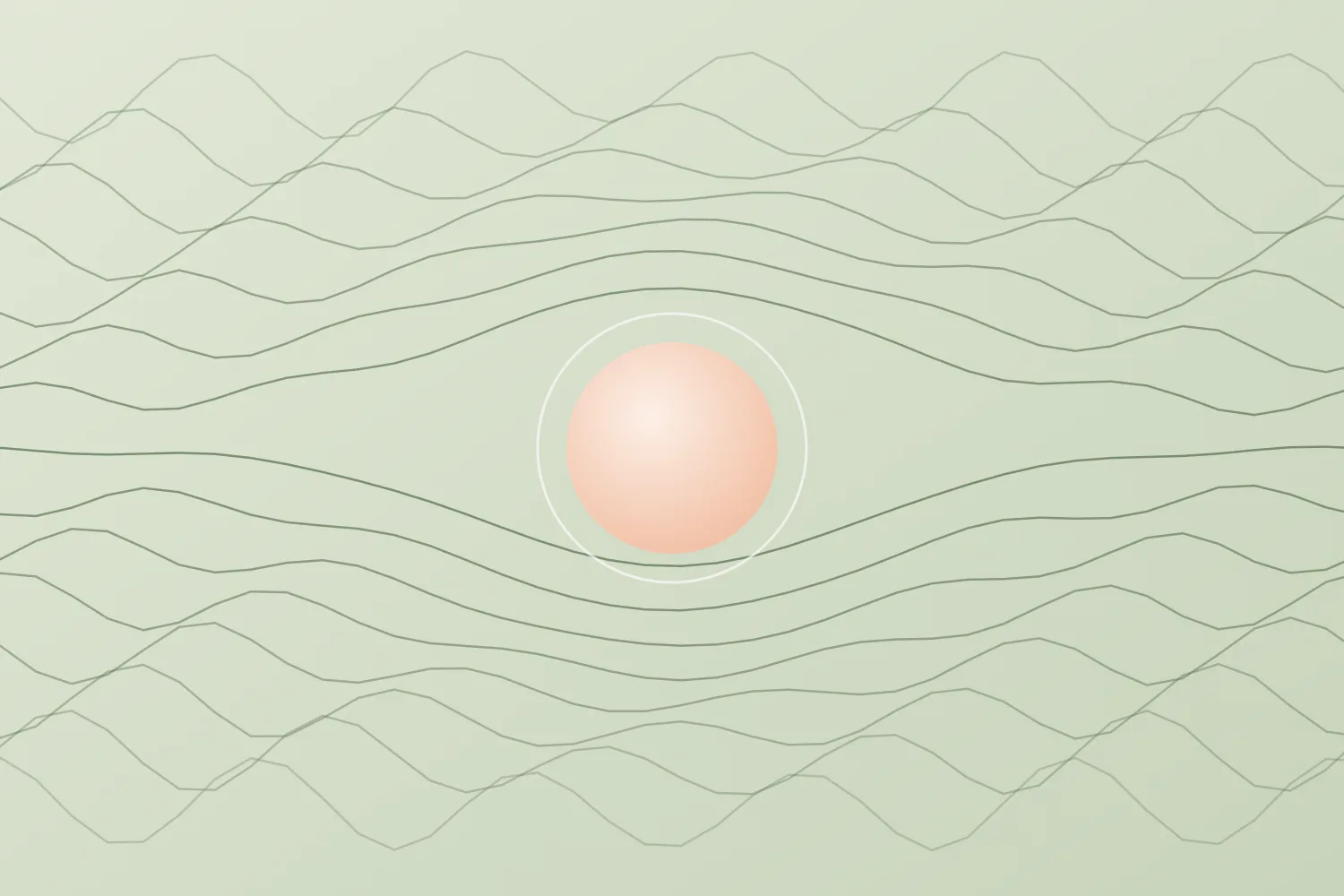 Ilustración abstracta de líneas finas que se calman en torno a un círculo sobre fondo verde salvia